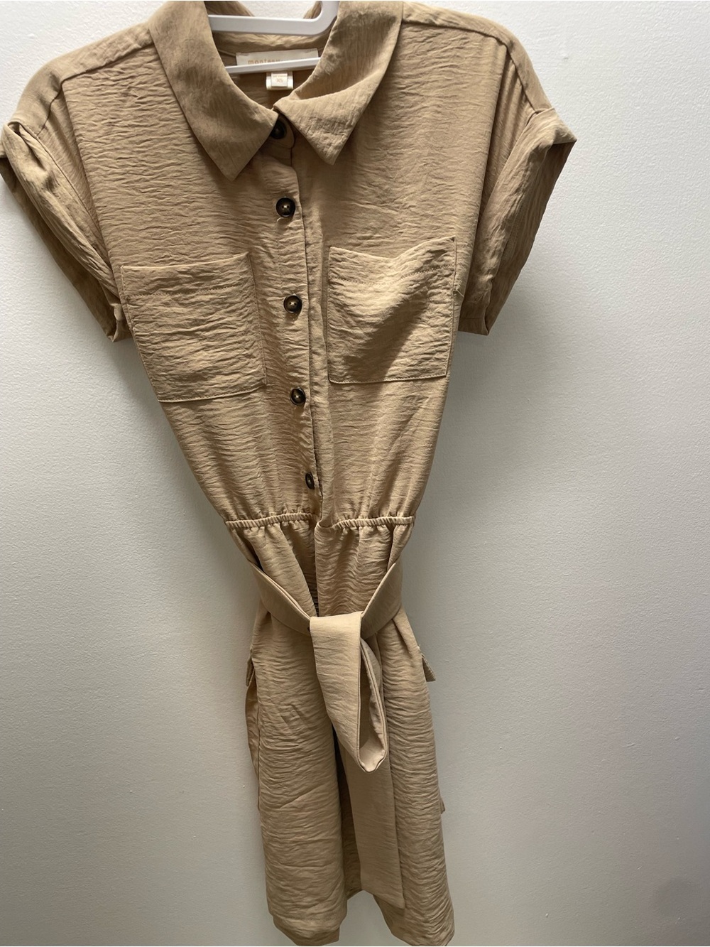 Button-Front Beige Midi Shirt Dress with Belt